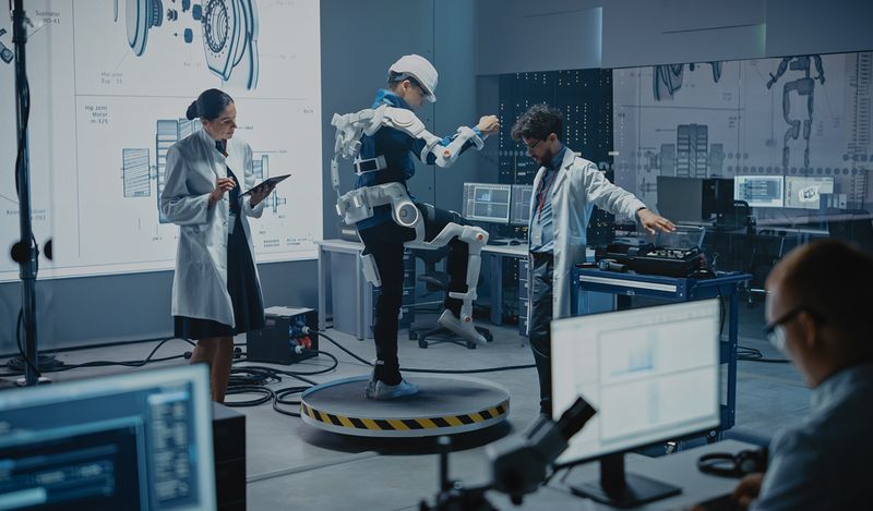 Image of scientists in a lab, with someone testing robotic legs.