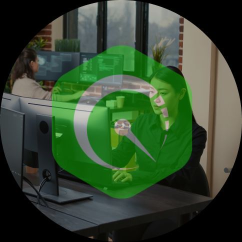 QMenry Alternatives A man and woman at desks facing each other with QMentry logo overlay.