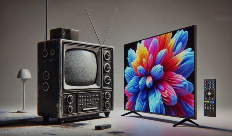 Image of an old fashioned tv compared to a modern flatscreen with bright colors.