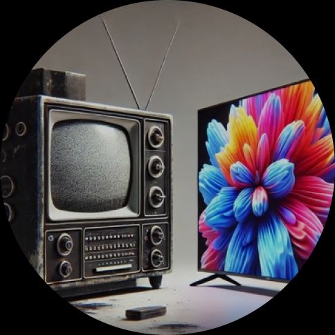 Image of an old fashioned tv compared to a modern flatscreen with bright colors.