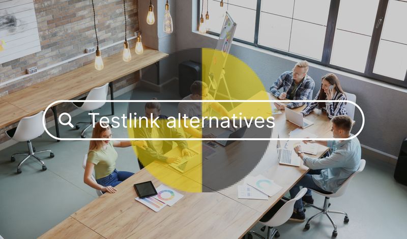 People working at a desk with a TestLink logo overlay