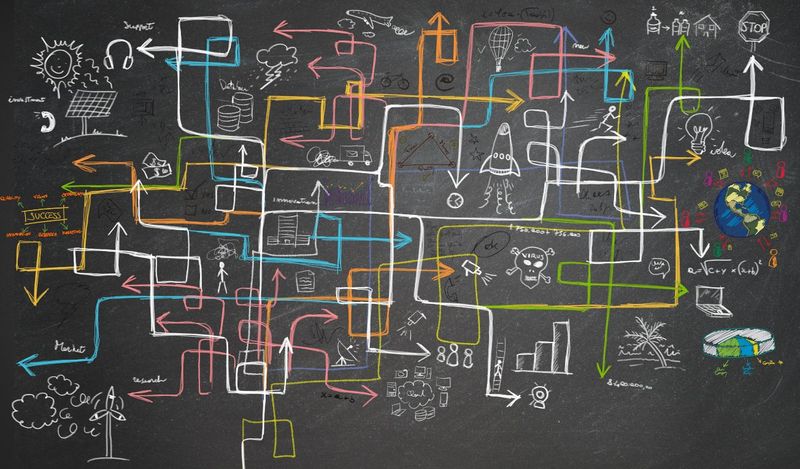 Image of a chalk board with lots of complicated drawings and plans