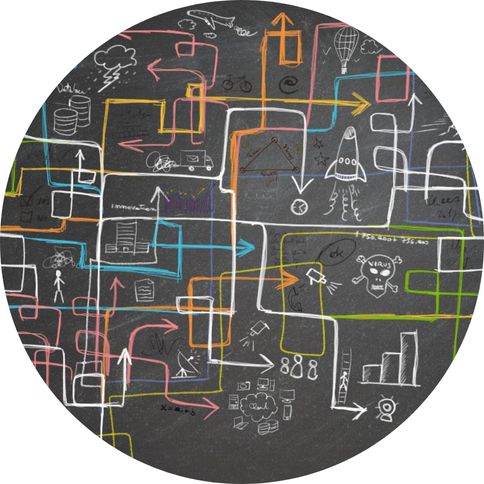 Image of a chalk board with lots of complicated drawings and plans