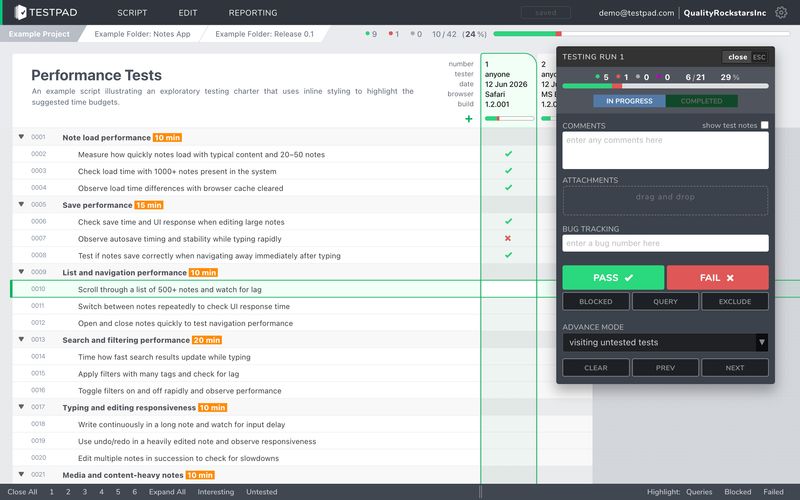 A session in progress, results going on the lines An exploratory testing session in progress in Testpad, the test runner open with pass and fail one keypress away