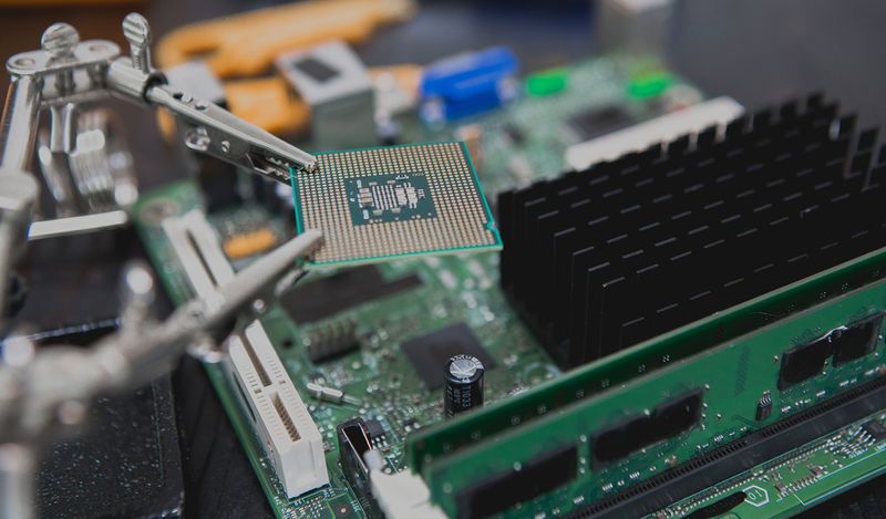 image of a microchip being held by two crocodile clips above a motherboard.