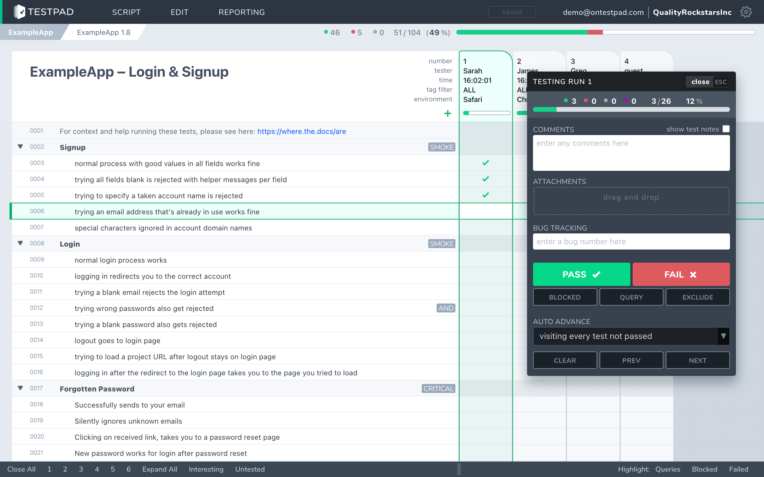 A Testpad test plan: an outline of prompts with pass/fail columns