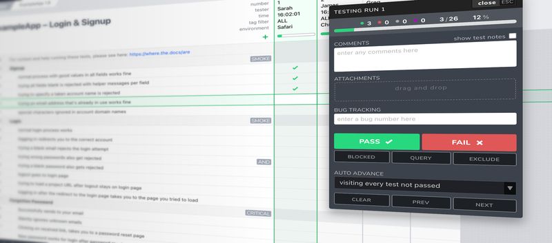 Manual testing in Testpad A manual testing checklist in Testpad with plain-text test prompts down the left and a pass/fail run panel on the right