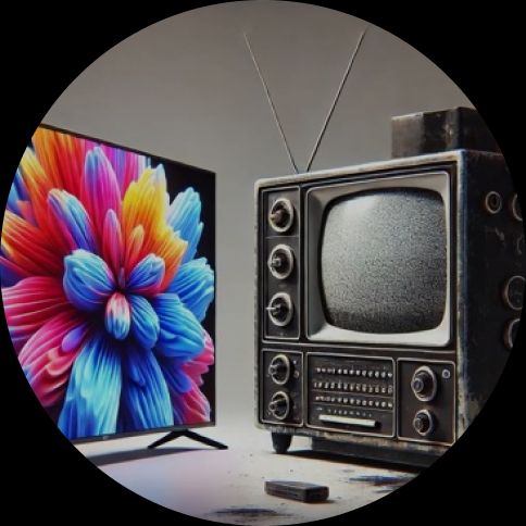 An old fashioned tv with static next to a modern flatscreen showing bright colors