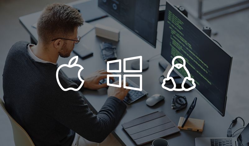 A man at a computer with browser symbols on top