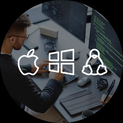 A man at a computer with browser symbols on top