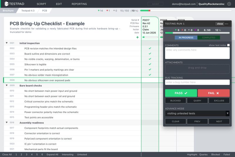 A PCB bring-up checklist, mid test run A PCB bring-up checklist in Testpad, mid test run with pass/fail one keypress away