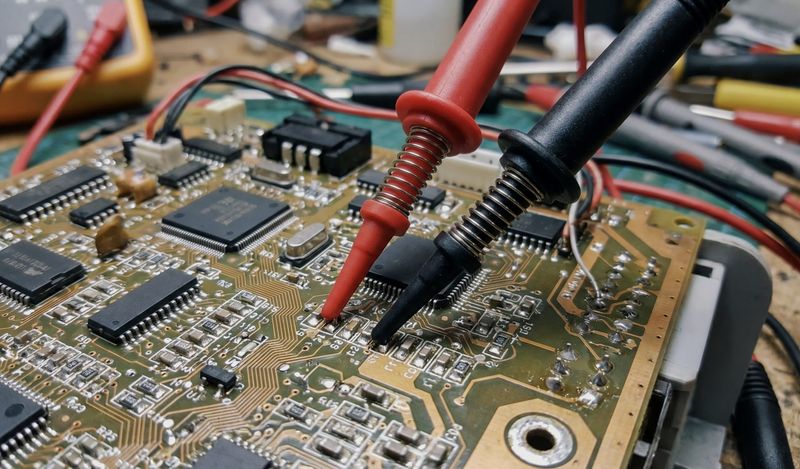 A printed circuit board on the bench during hardware testing