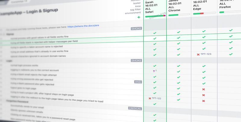 Short sanity-check checklist in Testpad with pass results recorded against each check