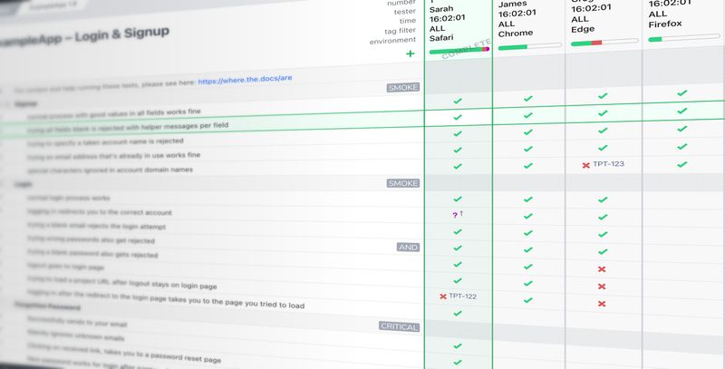 System testing in Testpad System testing checklist in Testpad with test runs as columns building a grid of results