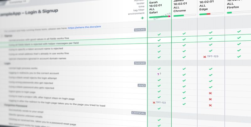 An outline of test prompts in Testpad with a grid of pass and fail results across test runs