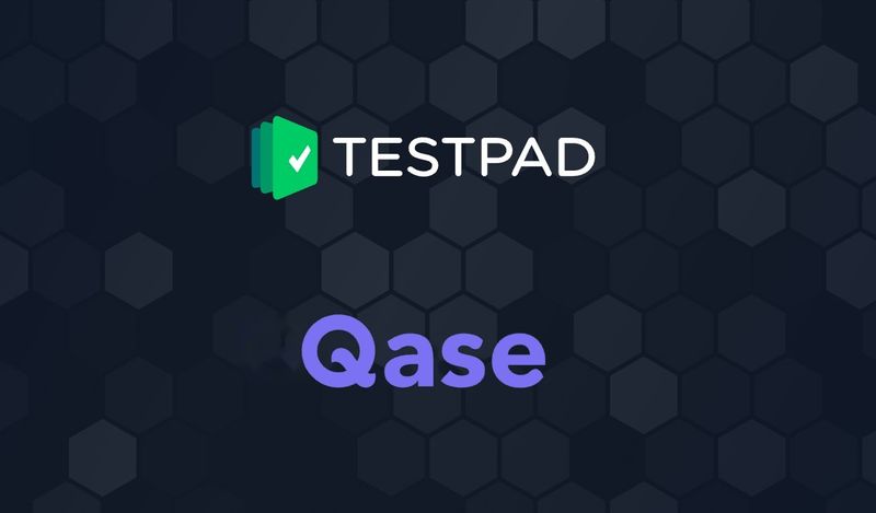 Testpad and Qase logos over a dark geometric background
