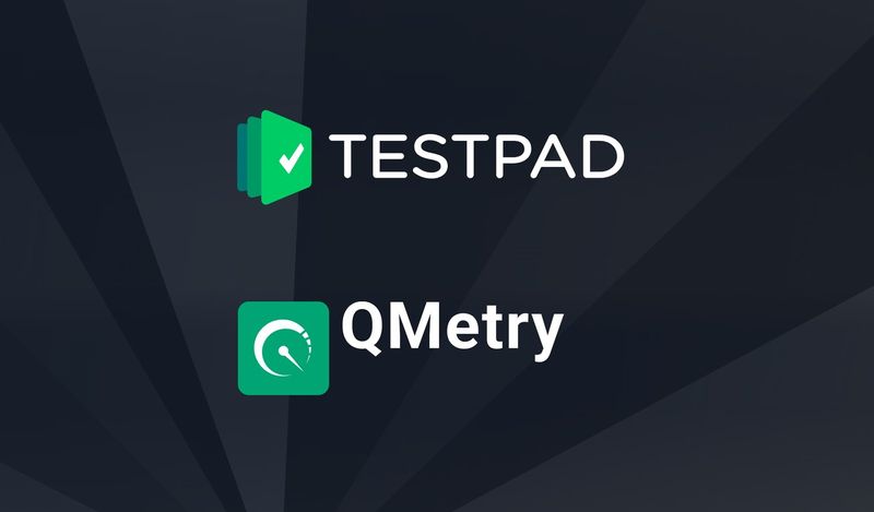 Testpad and QMetry logos over a black and white photo of a QA inspector checking a clipboard