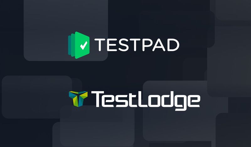 Testpad and TestLodge logos over a black and white photo of a QA inspector checking a clipboard