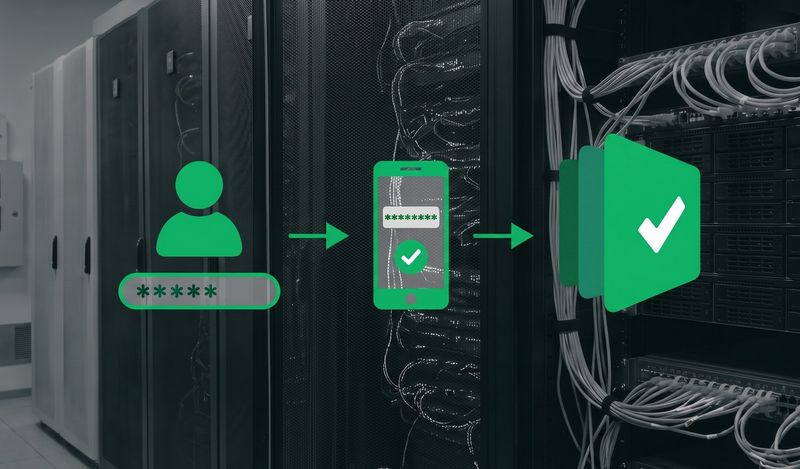 a login, a phone showing a verification code, and the Testpad logo, over a data-centre background