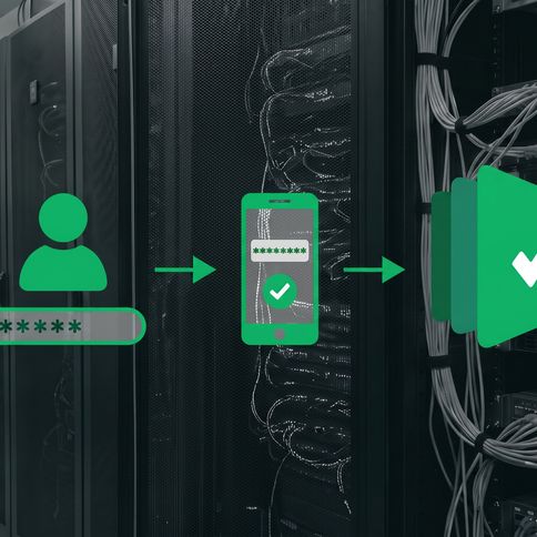 Two-factor authentication in Testpad a login, a phone showing a verification code, and the Testpad logo, over a data-centre background