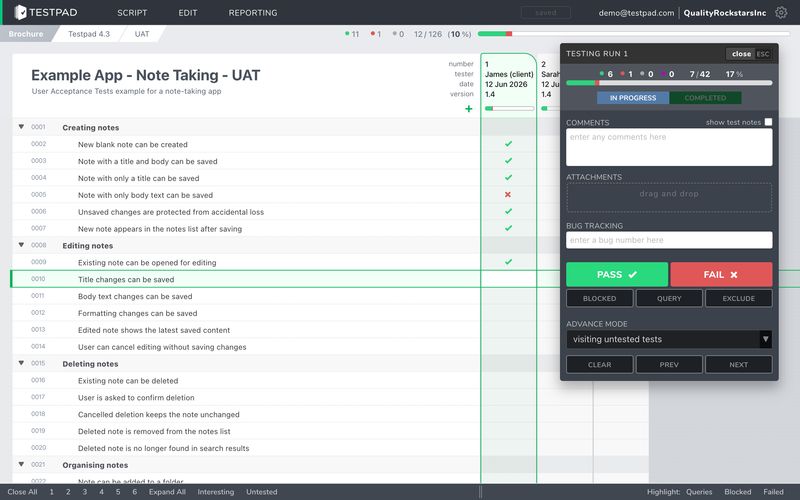 What a tester sees: the checklist, plus pass and fail buttons A guest tester working through a UAT checklist in Testpad, marking pass or fail as they go