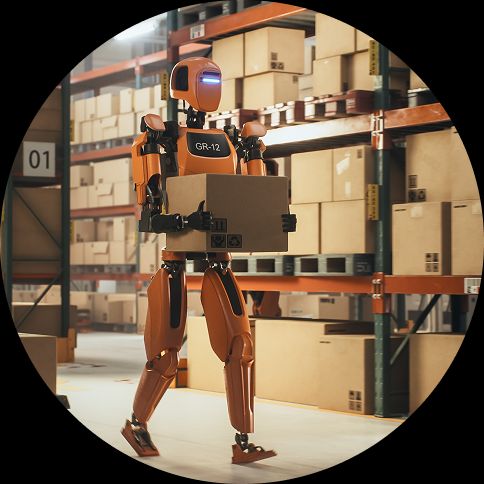 Image of a robot carrying a box in a warehouse.