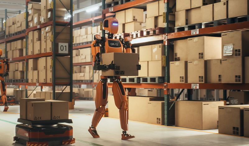 What is automated testing? Image of a robot carrying a box in a warehouse.